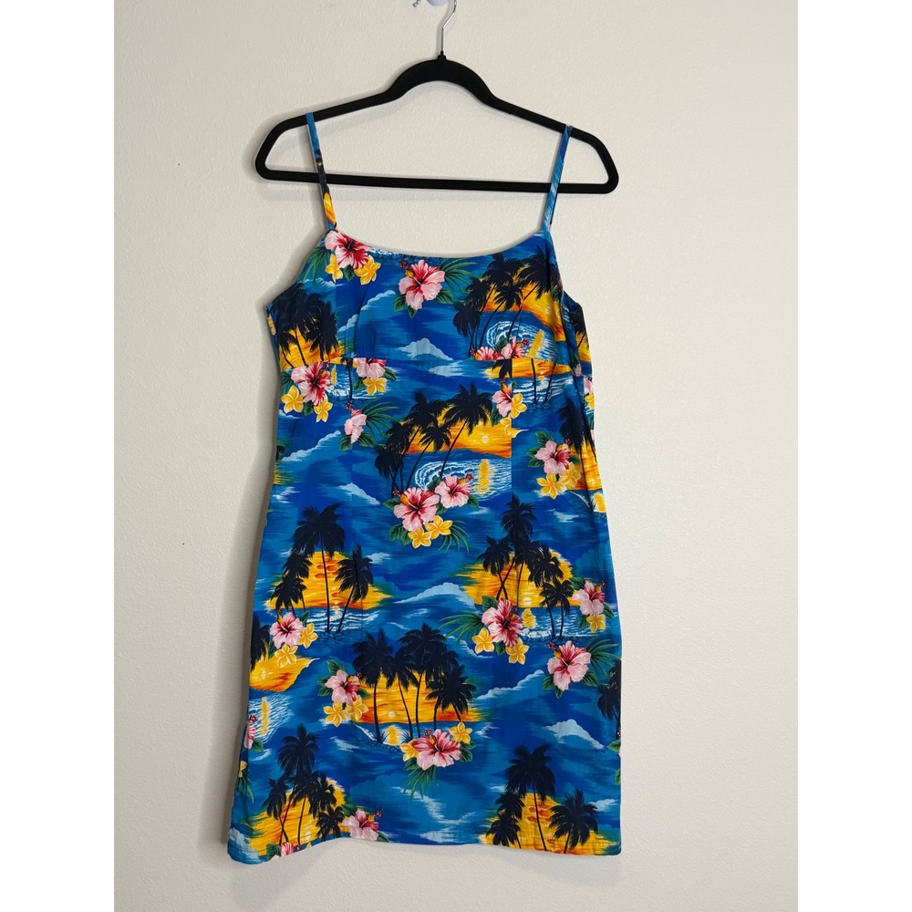 Vintage Pacific Legend Blue Hawaii Tropical Sunset Hibiscus Cotton Sundress XL